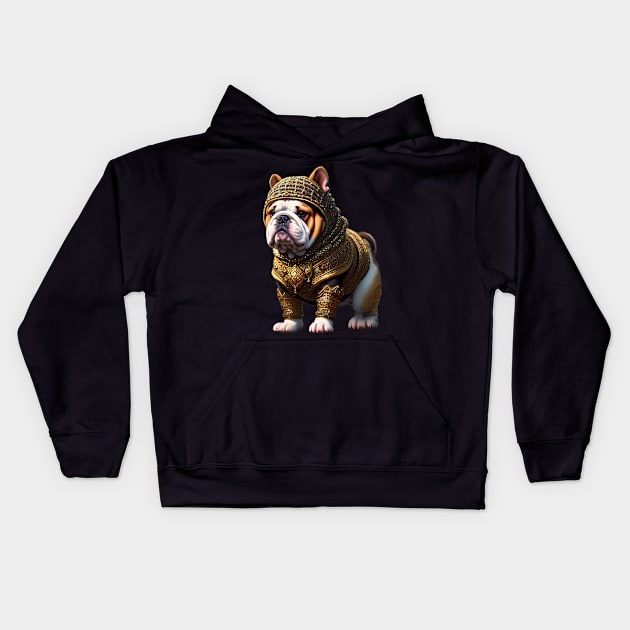 Badass Bulldog Puppy in Golden Chainmail Armor and Helmet Kids Hoodie by fur-niche